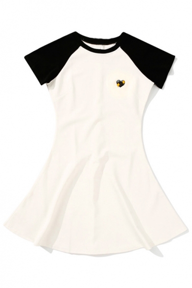 Chic Color Block Round Neck Short Sleeve Mini Casual A-Line Dress