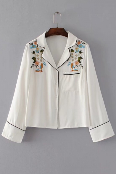 Chic Floral Embroidered Notched Lapel Collar Long Sleeve Buttons Down Shirt with Single Pocket