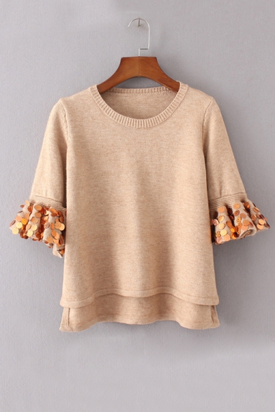 Chic Handcraft Sequined Ruffle Half Sleeve Round Neck Pullover Sweater