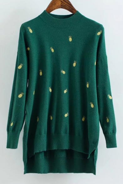 Chic Pineapple Embroidered High Low Hem Mock Neck Long Sleeve Sweater