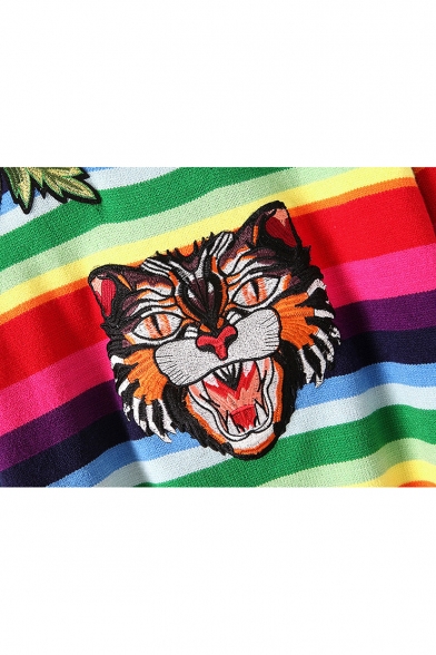 Color Block Striped Embroidery Tiger Pattern Long Sleeve Pullover Sweater