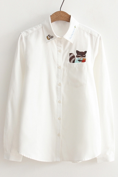 Cute Embroidery Cartoon Fox Pattern Long Sleeve Single Breasted Shirt with One Pocket