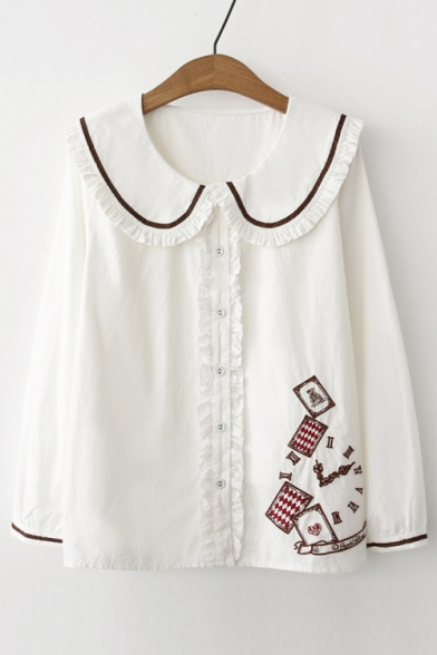 Cute Embroidery Clock Peter Pan Collar Long Sleeve Button Down Shirt