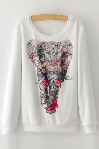 Digital Floral Elephant Printed Round Neck Long Sleeve Pullover Sweatshirt