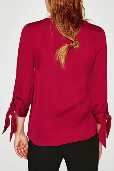 Fashion Bow Tied Cuff Long Sleeve Round Neck Simple Plain Pullover Blouse