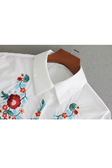 Fashion Contrast Embroidery Floral Pattern Tunic Button Down Shirt