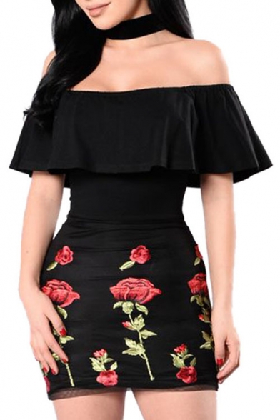 Fashion Floral Embroidered Off The Shoulder Ruffle Hem Mini Bodycon Dress