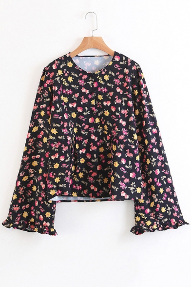 Fashion Floral Pattern Round Neck Long Sleeve Pullover Blouse