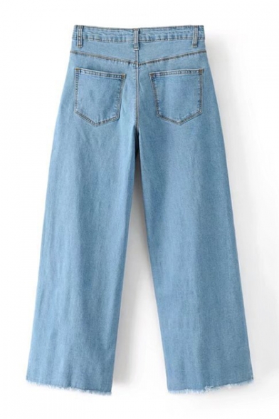 High Waist Basic Simple Plain Loose Fringe Hem Wide Legs Jeans