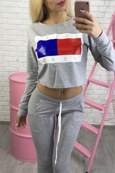 Hot Fashion Letter Printed Long Sleeve Round Neck Cropped Sweatshirt with Sports Pants