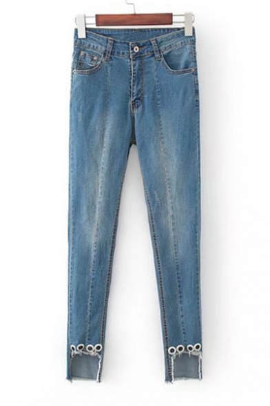 New Arrival Basic Simple Pain Fashion Asymmetrical Hem Skinny Jeans