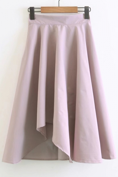 New Arrival Chic Simple Plain Elastic Waist Pleated Midi Asymmetrical Skirt