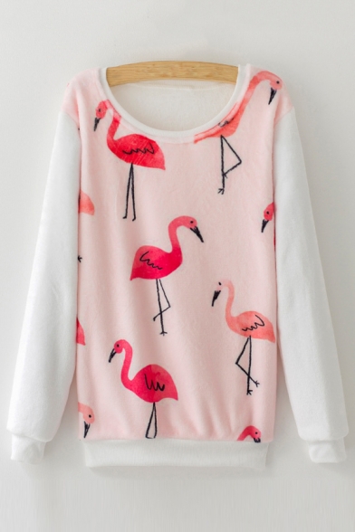 New Fashion Flamingo Pattern Long Sleeve Round Neck Pullover Sweatshirt