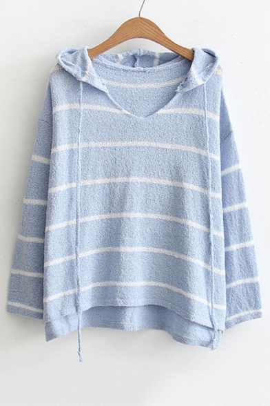 New Stylish High Low Hem Striped Color Block Long Sleeve Sweater Hoodie