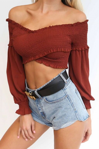 Summer's Hot Fashion Sexy Off The Shoulder Puff Long Sleeve Plain Cropped Blouse