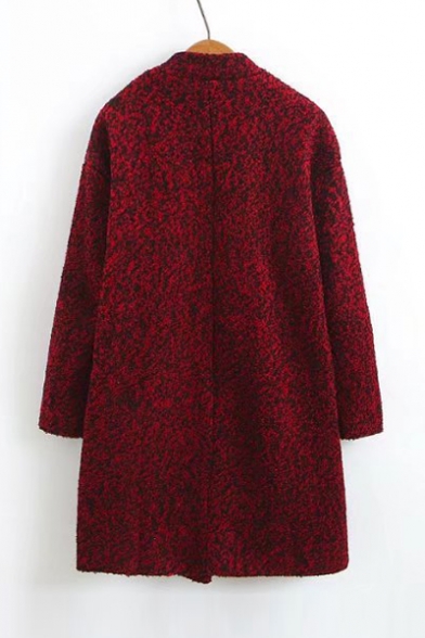 V-Neck Long Sleeve Double Snap-Fasteners Plain Tunic Woolen Coat