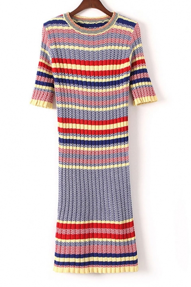 Women's Color Block Striped Half Sleeve Round Neck Midi Sweater Dress