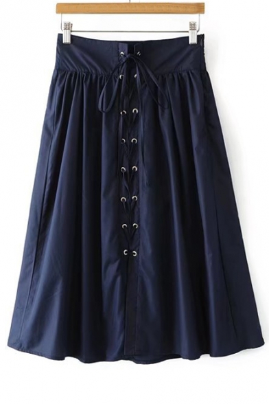 Women's New Arrival Lace Up Front Plain Maxi A-Line Skirt