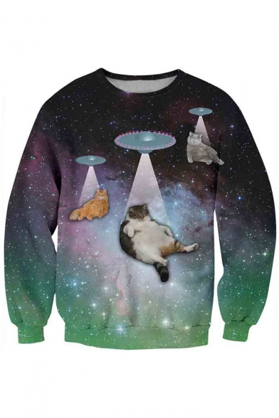 Beautiful Cat Galaxy 3D Printed Long Sleeve Round Neck Pullover Sweatshirt