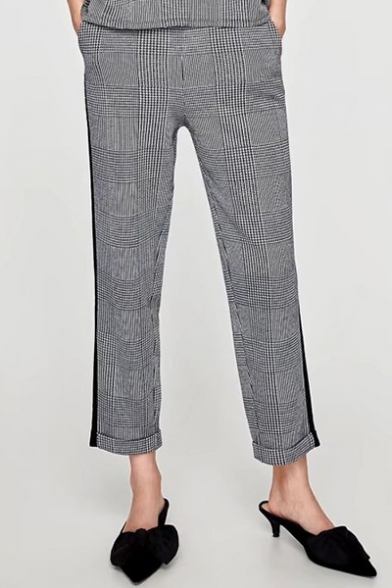 Casual Leisure High Waist Plaids Pattern Loose Tapered Pants