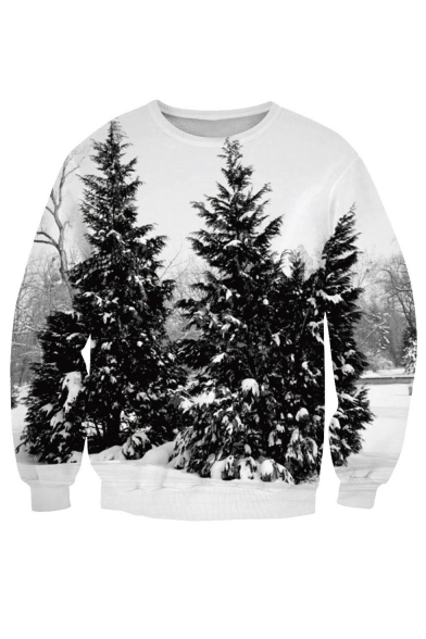 Chic Digital Snow Field Trees Pattern Round Neck Long Sleeve Sweatshirt