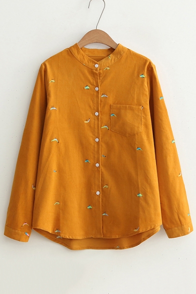 Chic Embroidered Long Sleeve Dipped Hem Buttons Down Corduroy Shirt with Single Pocket