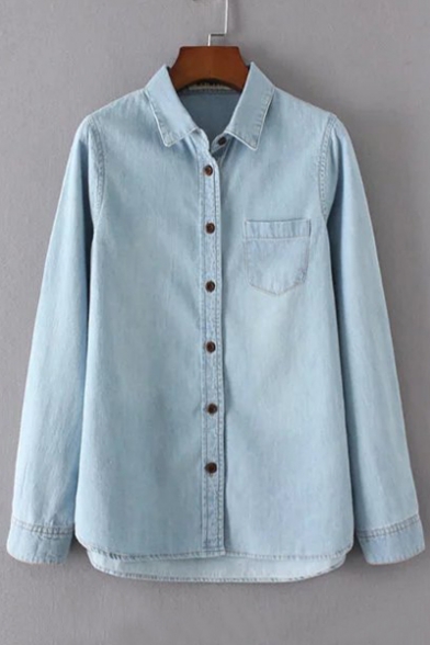 Chic Lapel Long Sleeve Single Breasted Plain Denim Shirt with One Pocket