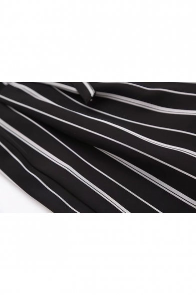 Classic Striped Printed Elastic Drawstring Waist Loose Culottes Shorts