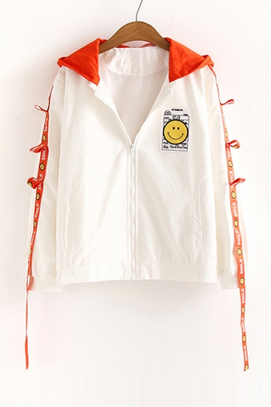 Cute Smile Face Printed Contrast Hooded Straps Embellished Zip Fly Coat