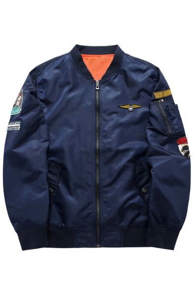 

Fashion Badge Patched Stand-Up Collar Long Sleeve Zip Up Bomber Jacket, Black;orange;dark blue;army green, LC448662