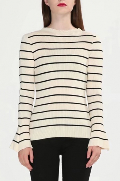 Fashion Flared Cuff Long Sleeve Round Neck Striped Pattern Slim Sweater