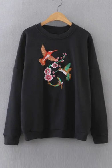 Fashion Floral Birds Embroidered Long Sleeve Round Neck Sweatshirt