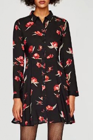 Fashion Floral Printed Lapel Collar Long Sleeve Mini Buttons Down A-Line Shirt Dress