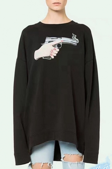 Fashion Gun Bullet Pattern Oversize Loose Round Neck Long Sleeve Sweatshirt