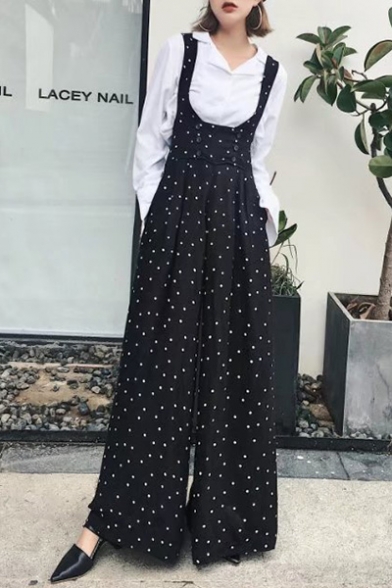 Fashion Polka Dot Pattern Crossed Back Loose Wide Legs Overall Pants