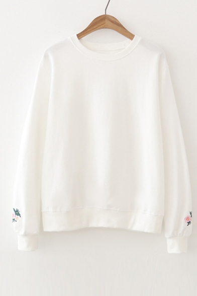 Floral Embroidered Cuffs Long Sleeve Round Neck Pullover Sweatshirt