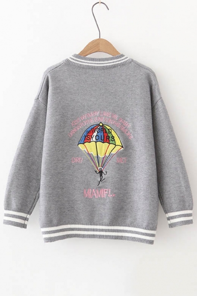Funny Embroidery Parachute Graphic Pattern V-Neck Single Breasted Cardigan