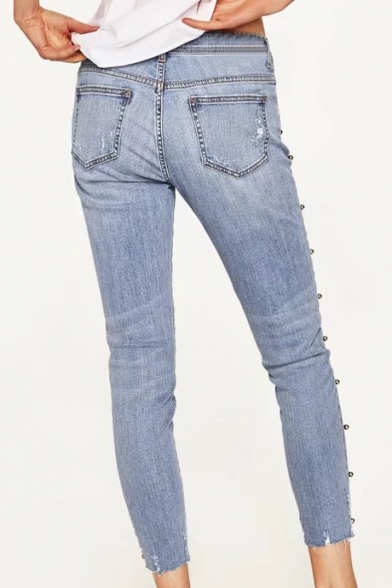 High Waist Simple Plain Fashion Beaded Embellished Side Skinny Jeans
