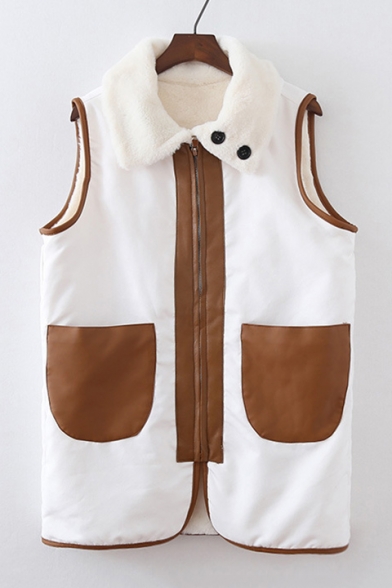 New Arrival Fashion Suede Patched Lapel Collar Sleeveless Color Block Zip Up Vest Coat