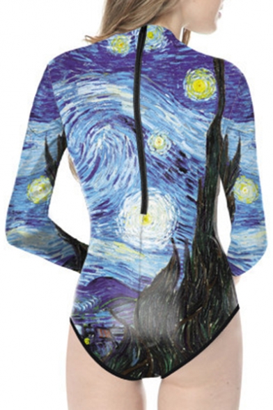 New Collection 3D Whirlpool Pattern Round Neck Long Sleeve One Piece Swimwear