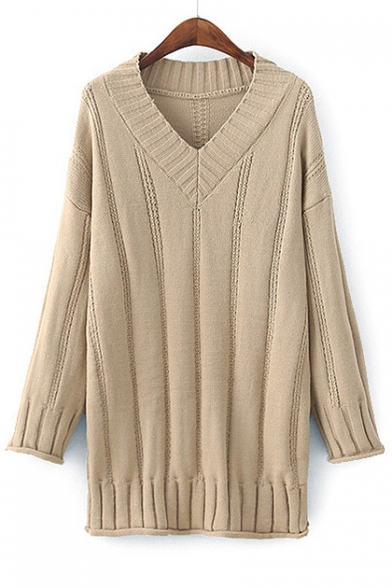 New Collection V Neck Long Sleeve Simple Plain Tunic Sweater