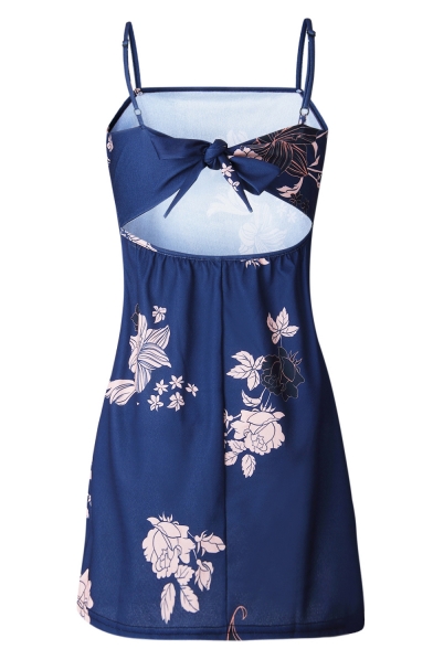 New Fashion Floral Printed Bow Tie Backless Spaghetti Straps Mini Slip Dress