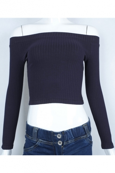 New Sexy Off The Shoulder Long Sleeve Basic Plain Slim Cropped T-Shirt