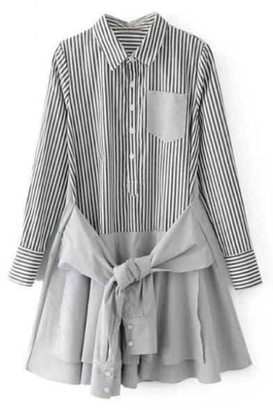 New Stylish Long Sleeve Patchwork Lapel Button Down Striped Midi Shirt Dress