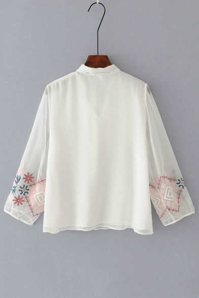 New Trendy Bow Tied Collar Long Sleeve Fashion Embroidered Pullover Blouse