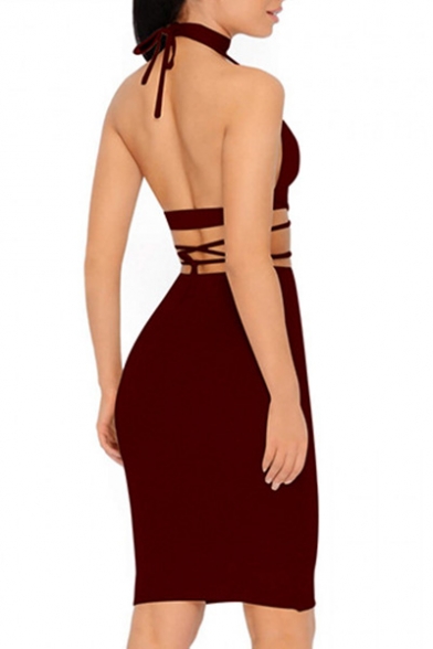 New Trendy Halter Neck Backless Hollow Top with Midi Pencil Skirt