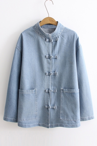 New Trendy Stand-Up Collar Long Sleeve Basic Plain Denim Jacket with Double Pockets