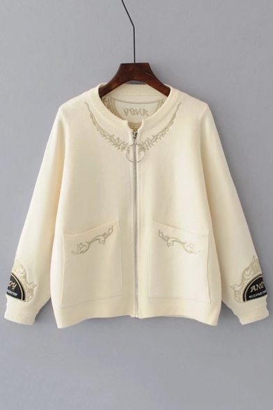 Round Neck Long Sleeve Fashion Ring Zip Up Chic Embroidered Cardigan