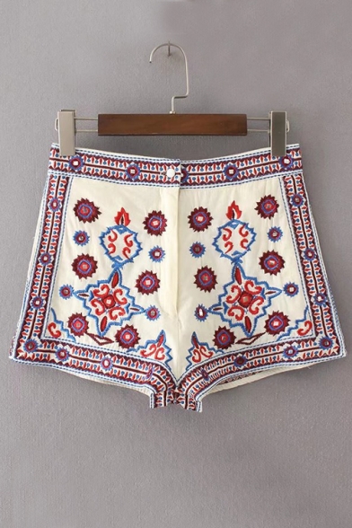 Tribal Embroidery Pattern High Waist Color Block Shorts with Pockets