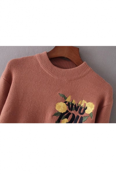 Women's Floral Letter Embroidery Round Neck Long Sleeve Sweater